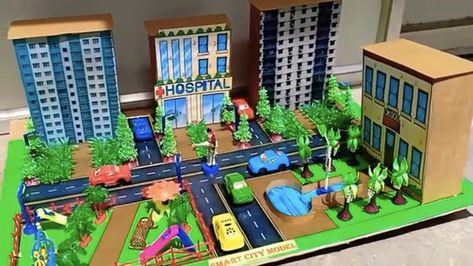 Smart City Model For School, Diy Cardboard Building, City Model For School Project, Diorama City, Preschool Jobs, Science Project Models, Preschool Creative Art, Cardboard City, School Science Projects