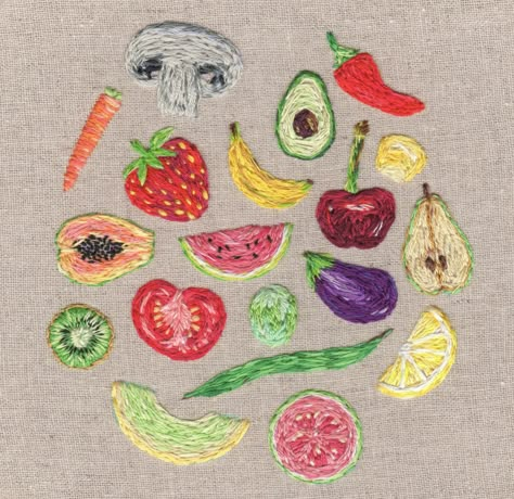 embroidered produce Fruit And Vegetable Embroidery, Patchwork Moodboard, Hand Embroidery Fruit, Embroidery Hoop Ideas, Fruits Embroidery, Fruit Clothes, Embroidery Fruit, Food Embroidery, Embroidered Fruit