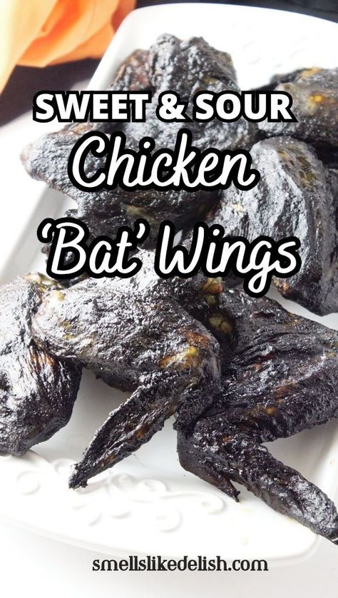 Sweet and Sour 'Bat' Wings are a fun and easy Halloween chicken wings that's perfect for parties or potlucks.  These spooky chicken 'Bat' Wings are made with sweet and sour sauce tinted with black food coloring. Wing Appetizers, Baked Whole Chicken Wings, Sweet And Sour Chicken Wings, Halloween Bbq, Baked Whole Chicken, Whole Chicken Wings, Whole Baked Chicken, Halloween Chicken, Halloween Snack Mix