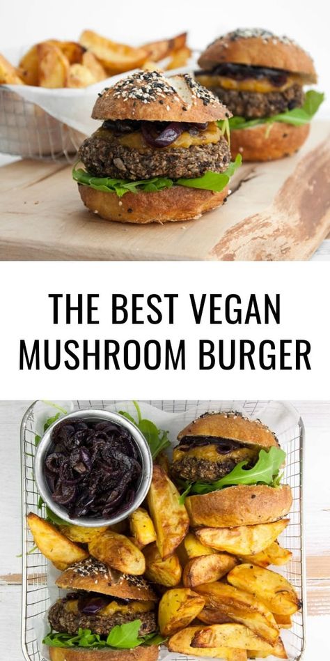 The best VEGAN MUSHROOM BURGER! Easy homemade mushroom patties (that don't fall apart) served with caramelized red onions, mango chutney and fresh arugula in pretzel buns. | ElephantasticVegan.com #vegan #mushroom #burger Mushroom Patties, Vegan Mushroom Burger, Mushroom Burger Recipe, Pretzel Buns, Vegan Burger Recipe, Veggie Burgers Recipe, Mushroom Burger, Goulash Recipes, Vegan Mushroom