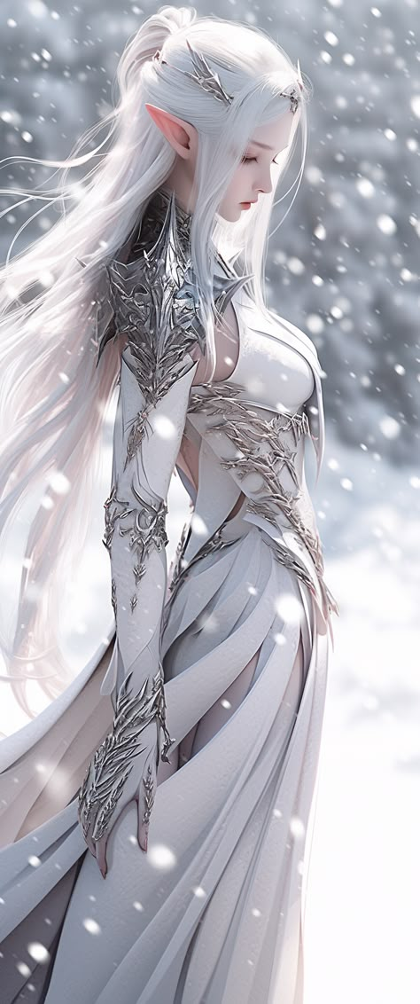 Winter Elf Art, Elf Woman White Hair, White Armor Female, Purple Eyes White Hair, White Haired Elf Female, Winter Fey, High Elf Art, Elf White Hair, White Haired Elf