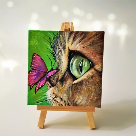 Gift ideas at my #etsy shop: Acrylic Painting On 10x10cm Mini Canvas With Easel, Cute Kitty & Butterfly Art Painting, Decoration Art Gift For Friends/Loved Ones/Yourself/Kids/Colleagues/Minimalist Space or office😍at any occasions 🥰 #artdeco #birthday #acrylicpainting https://etsy.me/3x0sMGm Butterfly House Painting Ideas, Acrylic Painting Eye, Acrylic Painting Cat, Peaceful Art, Painting Butterfly, Minimalist Space, Butterfly Art Painting, Fabric Painting On Clothes, Tulip Painting