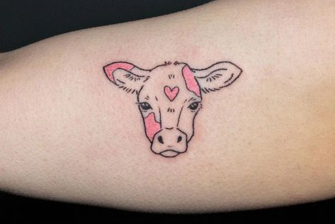 Cow With Hearts Tattoo, Minimal Cow Tattoo, Heart Cow Tattoo, Pink Cow Tattoo, Cow Face Tattoo, Cow Tag Tattoo, Strawberry Cow Tattoo, Highland Cow Tattoo, Tattoo Prints