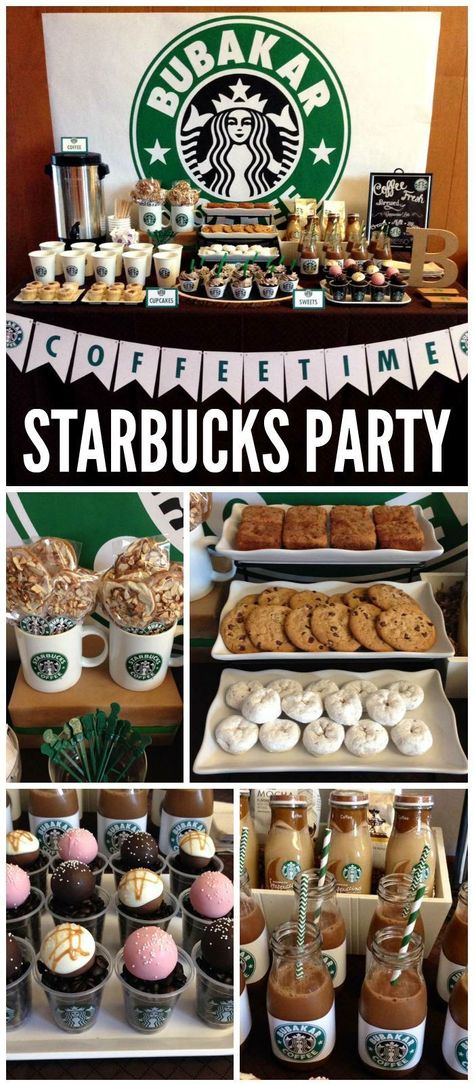 A Starbucks Coffee dessert bar with a coffee bar and Starbucks cake pops and a lot of desserts! See more party planning ideas at CatchMyParty.com! I WANT THIS SO BAD Coffee Themed Party, Starbucks Birthday Party, Starbucks Cake Pops, Starbucks Party, Starbucks Cake, Starbucks Birthday, Bff Things, Donut Bar, Coffee Party