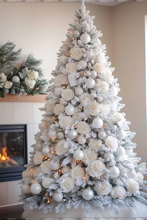 Snow Flocked Fir Christmas Tree Review & Decoration Ideas - Adore Charlotte White Snow Tree Decor, Christmas Tree Ideas Snowflakes, Christmas Tree Ideas With Snow, All White Christmas Tree Ideas, Frosty Christmas Tree, Winter Wonderland Tree Christmas, Snow Flocked Christmas Tree Decor, Snowy Christmas Tree Ideas, Small White Christmas Tree Ideas