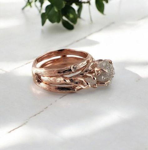 14k Rose Gold Rough Diamond Engagement Ring With Interlocking Ring Guard 3 Diamond Ring Anniversary Ring Wedding Ring - Etsy