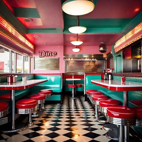 Old School Diner Aesthetic, 50s Coffee Shop, Diner Restaurant Design, 1960s Diner Aesthetic, 80s Coffee Shop, Retro Cafe Aesthetic, 70s Diner Aesthetic, 50’s Diner, 60s Diner Aesthetic