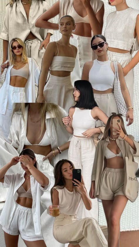 Collage of women’s neutral chic outfits for summer and spring Casual Beach Outfit Simple, Linen Beach Outfits, Australia Summer Outfits, Vanilla Girl Outfits, Minimalist Bachelorette, Chic Outfit Casual, Casual Beach Outfit, Outfits Neutral, Nude Outfits