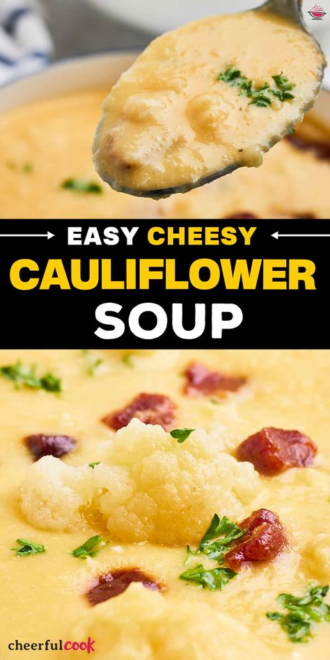 Looking for a tasty and fast way to get cozy? Our delicious limited-ingredient cauliflower soup is here! You can choose how you want it; blended, smooth, or chunky. Make the perfect bowlful in no time - just warm up, eat up and enjoy !#cheerfulcook #cauliflowersoup #soup #souprecipe #cheesy #cauliflowercheddar #soup #cheesy #easy Cheesey Cauliflower, Cauliflower Soup With Bacon, Slow Cooker Cauliflower Soup, Easy Cheesy Cauliflower, Crockpot Cauliflower, Cheesy Cauliflower Soup, Cauliflower Chowder, Soup With Bacon, Simple Family Meals