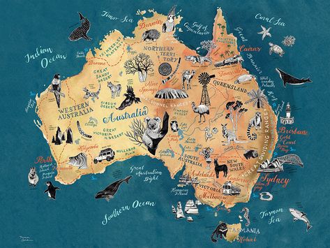 Australia Map, map illustration by Theresa Grieben / illustrierte Landkarte Zeichnung Australien Roadtrip Australia Map Illustration, Cartography Illustration, Banknotes Design, Noahs Arc, Posters Australia, Australia Art, Illustrated Maps, Road Trip Map, Hand Drawn Map