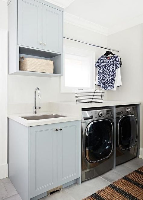 Gray Laundry Room Cabinets, Gray Laundry Room, Striped Jute Rug, Transitional Laundry Room, Grey Laundry Rooms, Laundry Room Storage Shelves, Small Laundry Room Organization, Room Storage Diy, Dream Laundry Room