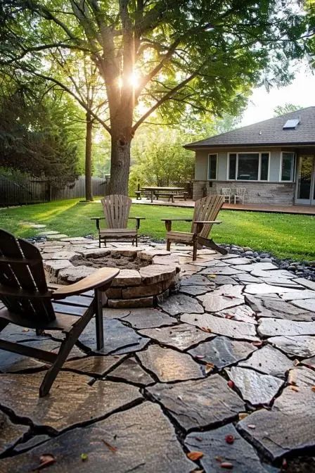 Stone Firepits Backyard Diy, Stone Firepits, Diy Stone Patio, Fire Pit Landscaping Ideas, Garden Remodel, Natural Fire Pit, Paver Fire Pit, Garden Path Ideas, Lake Landscaping