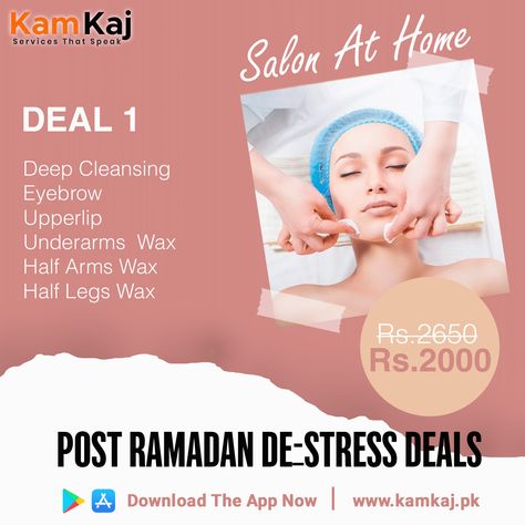 Ramadan is over. But deals are not limited to Ramadan. Checkout our Post Ramdan De-Stress Deals. Book Now: https://www.kamkaj.pk/pr/salon-at-home Playstore: https://bit.ly/2NclU5o AppStore: https://apple.co/38BmLEr Call us now: 0304-111-1526 WhatsApp: 0309-2396084 #KamKaj #Karachi #homesalon #beautysalon #salonservices #makeup #haircutting #hairstyling #waxing #threading #scrubbing Salon Deals And Offers, Underarm Waxing, Salon Services, Hair And Beauty Salon, Upper Lip, Home Salon, Company Profile, Deep Cleansing, Threading