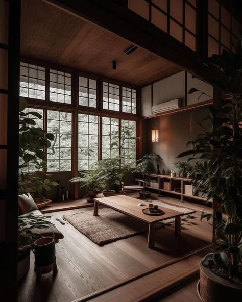 IDLN | Home & Commercial Interior Design on Instagram: "Transitional Japanese interior design concepts✨🤍 Filled with natural materials and natural sunlight! Want your space designed? Let us help! More information on our website, link in bio! #interiordesign #interior" Natural Home Design Interior, Dark Wood Japanese Interior, Inside Japanese Home, Yakuza Interior Design, Asian Inspired Interior Design, Asian Apartment Aesthetic, Interior Design Japanese Style, Japanese Zen Interior Design, Interior Design Dark Wood