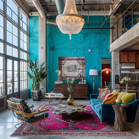 Loft Color Palette, Boho Living Room Colorful, Industrial Boho Living Room, Bohemian Loft, Restaurant Vibes, Loft Living Room, Industrial Boho, Nyc Loft, Deco Pastel