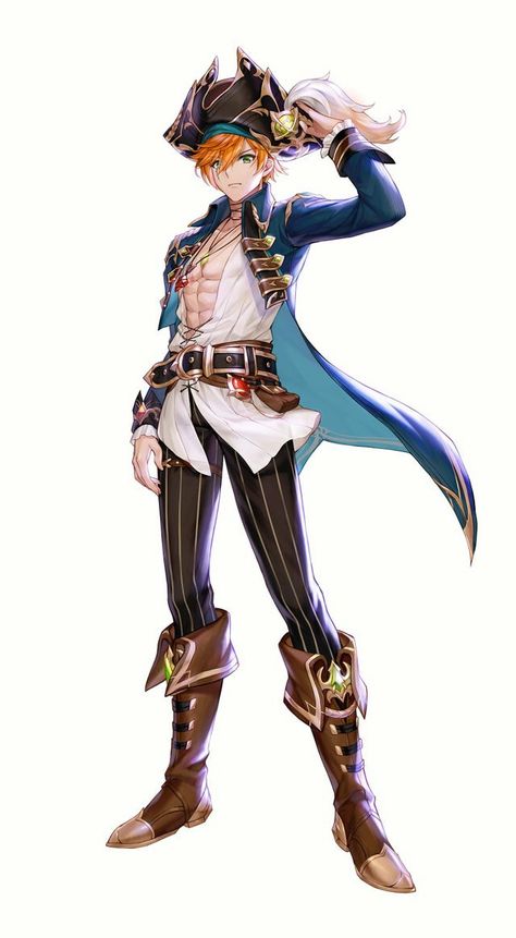 Pirate Anime Boy, Pirate Character, King's Raid, Anime Pirate, Dnd Campaign, Pirate Outfit, Pirate Art, Poses References, Character Design Male