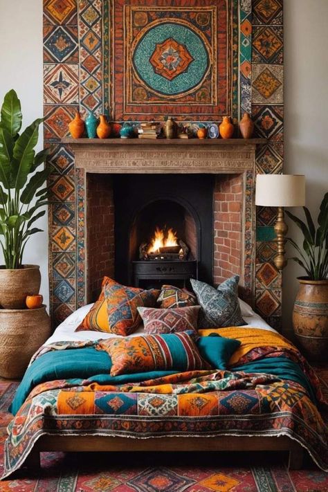 Ceiling Curtains, Boho Bedroom Ideas, Velvet Drapes, Colorful Textiles, Ornate Mirror, Exposed Brick Walls, Moroccan Tiles, Bedroom Retreat, Exposed Beams