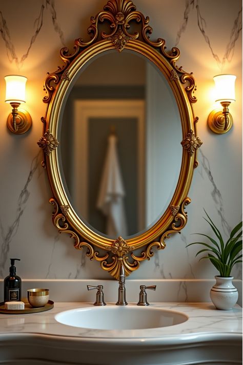 Elegant bathroom featuring ornate gold mirror on marble wall Fancy Mirror Design, Queen Bathroom, Gold Bathroom Mirror, Eclectic Mirrors, Fancy Mirror, Fancy Mirrors, Mirrors Bathroom, Statement Mirror, House Vibes