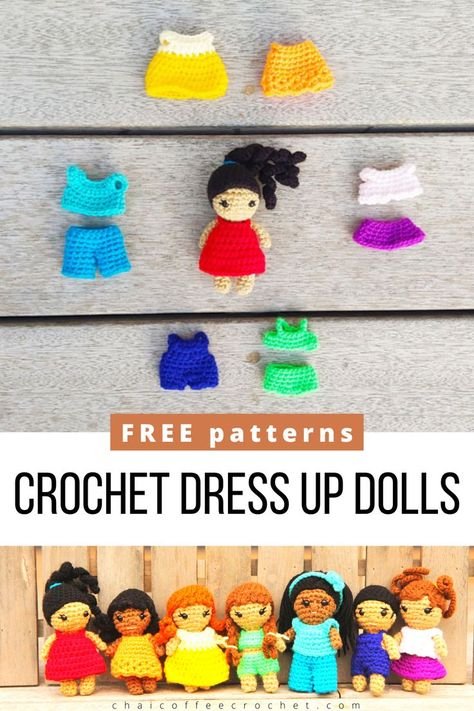 Crochet these small dress up dolls in these free patterns. These amigurumi dress up dolls all have removable crochet doll clothes patterns. You can change the clothes and choose from a variety of hairstyles for a unique doll. Small Crochet Clothes, Free Crochet Patterns Doll, Doll Clothes Crochet Pattern, Free Pdf Crochet Patterns English, Crochet Doll Dress Pattern, Crochet Baby Dolls Free Patterns, Crochet Dolls Clothes, Small Dolls, Crochet Dress Up Animals