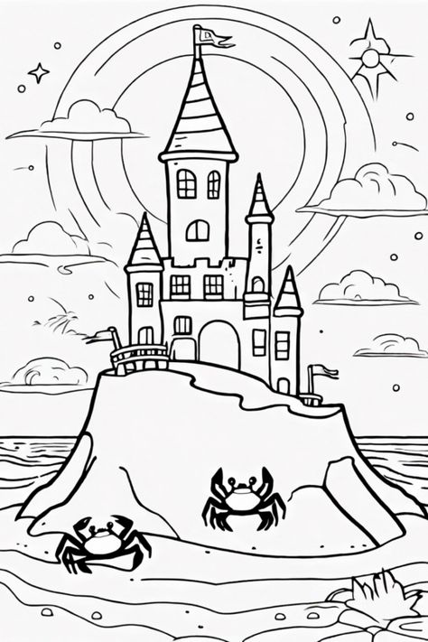 Unleash your artistic skills and color in the epic battle of a star building a sandcastle with a cheerful crab. Free and printable coloring page - get ready to have a blast! Castle On The Beach, Colorful Castle, Majestic Castle, Forest Coloring Pages, Beautiful Beach Scenes, Enchanted Forest Coloring, Puffy Clouds, Space Coloring Pages, Make A Calendar