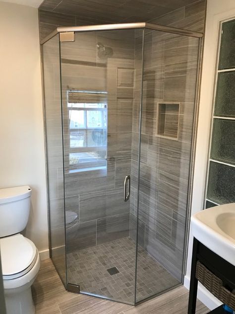 Corner Shower Next To Sink, Corner Shower In Small Bathroom, Curbless Neo Angle Shower Ideas, Curbless Corner Shower Ideas, Corner Shower Small Bathroom, Small Bathroom Ideas Shower Only Corner, Angle Shower Ideas, Corner Shower Dimensions, Corner Bathroom Shower Ideas