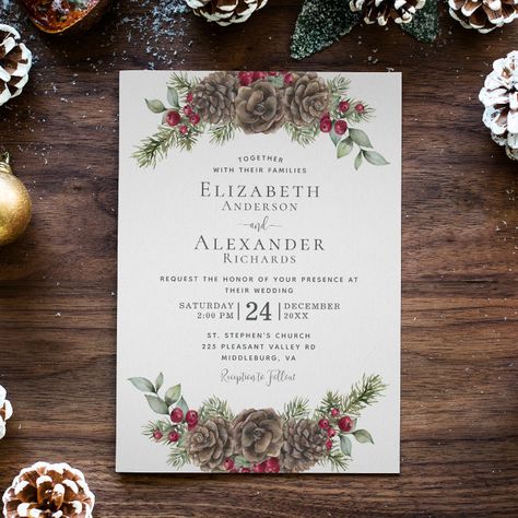 Rustic Winter Wedding Invitations, Hygge Winter, Christmas Wedding Inspiration, Pine Cone Christmas, Xmas Wedding, Woodland Winter, Christmas Wedding Invitations, Winter Berries, Watercolor Winter