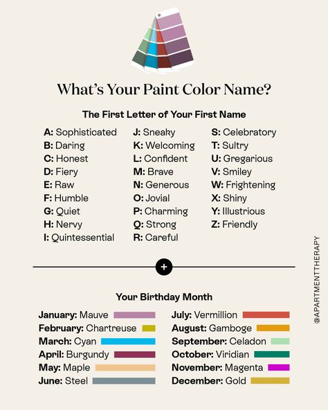 Personal Paint Color Name Generator | Apartment Therapy Funny Name Generator, Therapy Website, Spell Your Name, Fantasy Names, Perfect Paint Color, Name Games, Book Writing Inspiration, Funny Names, Creative Writing Prompts