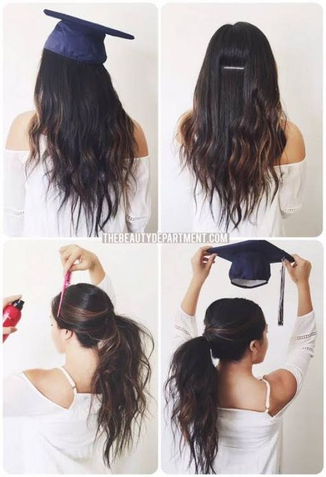 the beauty department graduation hair Hair Styles With Graduation Cap, Hairstyles With Cap Graduation, Graduation Cap Hair Ideas, Graduation Cap Hairstyles For Long Hair, Hairstyle With Graduation Cap, Hair With Graduation Cap, Grad Cap Hacks, Hair Ideas For Graduation Cap Hairstyles, College Graduation Hairstyles With Cap