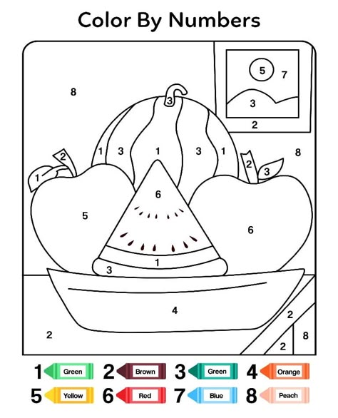 Simple Fruits Color by Number coloring page Garden Theme Classroom, Coloring By Numbers, Baby Animal Nursery Art, Vegetable Coloring Pages, Color By Number Printable, Numbers Worksheet, Kindergarten Reading Activities, Kindergarten Coloring Pages, Fruit Coloring Pages