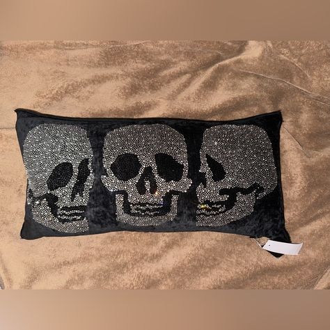 Magaschoni Black Velvet With Rhinestone Skulls Pillow Purple And Silver 100% Polyester 12x24 Inches Down Feathers Metalhead Room, Pink Goth Room, Pastel Goth Room Decor, Apartment Themes, Pastel Goth Room, Goth Crafts, Pastel Goth Decor, Goth Room, Goth Bedroom