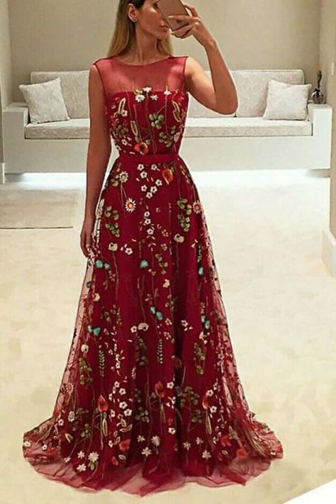 @AranzaDrive ❁ Sleeveless Prom Dress, New Party Dress, Prom Dresses Sleeveless, Long Prom Dresses, Burgundy Floral, Tulle Prom Dress, Professional Dresses, Long Prom Dress, Flower Dresses