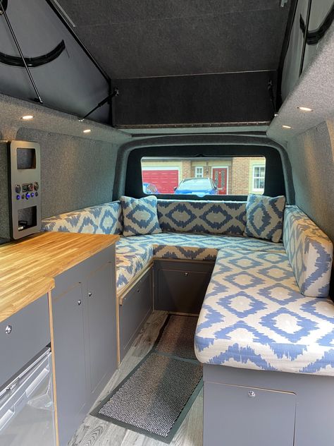 VW T6 Camper with stunning U shaped seating area ⋆ Quirky Campers T5 Interior Ideas Vw Camper, Blue Campervan Interior, T6 Camper Interior Ideas, Vw Transporter Camper Layout, Camper Vw T5 Van Interior, Vw Campervan Interior T6 Camper, Vw T5 Campervan Interior Ideas, Campervan Seating Ideas, Vw T5 Conversion