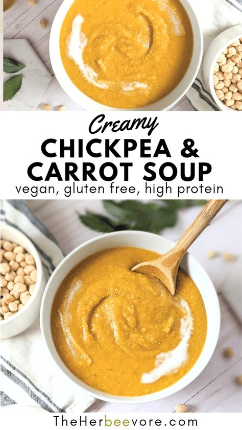 Carrot Chickpea Soup, Blended Chickpea Soup, Carrot And Chickpea Soup, Carrot And Onion Soup, Carrot Beans Recipes, Vegan Winter Meals Healthy, High Calorie Soup Recipes, Pureed Soup Recipes Protein, Puree Soups High Protein