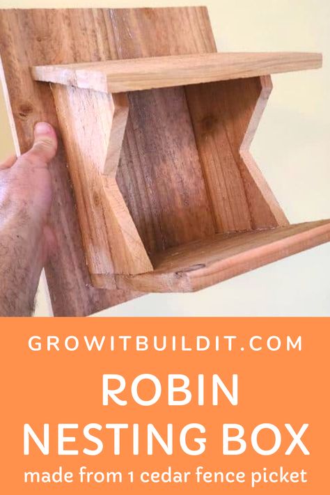 While many birds like traditional bird houses or nest boxes, some species prefer different habitats. Robins are one of those species, as they prefer a birdhouse with an open-front, more akin to building a nest on a cliff or ledge. Well, if you are interested in attracting a Robin to nest in your yard, stay tuned! I’ll show you how to build a strong, sturdy Robin Nest Box from a single, inexpensive 1×6 Cedar fence picket. Owl Boxes Plans How To Build, Robin Nesting Box Plans, Robin Nesting Boxes, Robin Birdhouse, Finch Bird House, Robin House, Robin Nest Box, Nesting Boxes Diy, Robin Nest