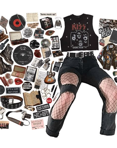 Cute Punk Rock Outfits, Rock Clothing Aesthetic, School Of Rock Outfits, Rock Core Outfit, Rock Astethics Outfit, Dark Academia X Grunge, Emo Grunge Outfits Punk Rock, Alt Rock Outfit, Rock Fashion Aesthetic