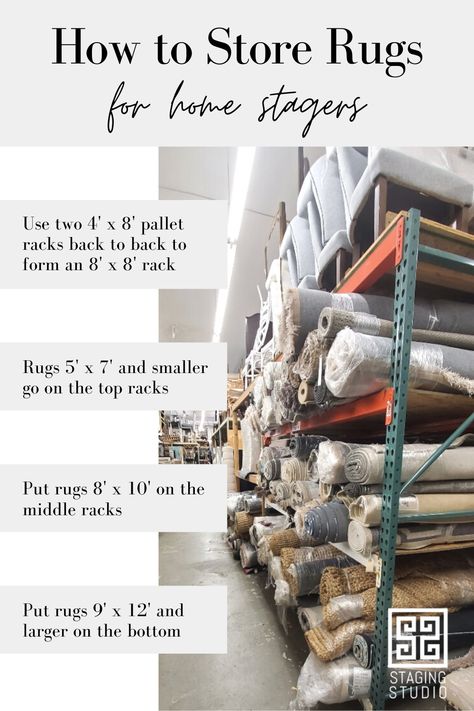 How should you store rugs in your staging warehouse? Here's the Staging Studio method! Use two 4' x 8' pallet racks back to back to form an 8' x 8' pallet rack. Then, organize your rugs with the largest on the bottom and the smallest on the top! Read the blog to learn more. #warehouse #staging #homestager #organized #professionalorganizer #stagerlife #stagingtips #stagertraining #propertystylist #realestatestylist #interiordesigners #homestagingtips #rugorganization #propertystylist Organizing Staging Inventory, Staging Warehouse Organization, Home Staging Warehouse Organization, Warehouse Design Storage, Staging Warehouse, Warehouse Organization, Warehouse Ideas, Prop Storage, Inventory Organization