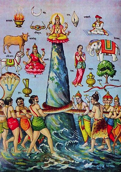 Indian Epics Resources: Image: Vasuki and the churning of the Ocean. You can see a list of the things produced at the churning of the Ocean at Wikipedia: http://en.wikipedia.org/wiki/Samudra_manthan Samudra Manthan, Ravi Varma, Raja Ravi Varma, Hindu Rituals, Hindu Dharma, Lord Vishnu Wallpapers, Hinduism Art, Indian Painting, Vedic Art