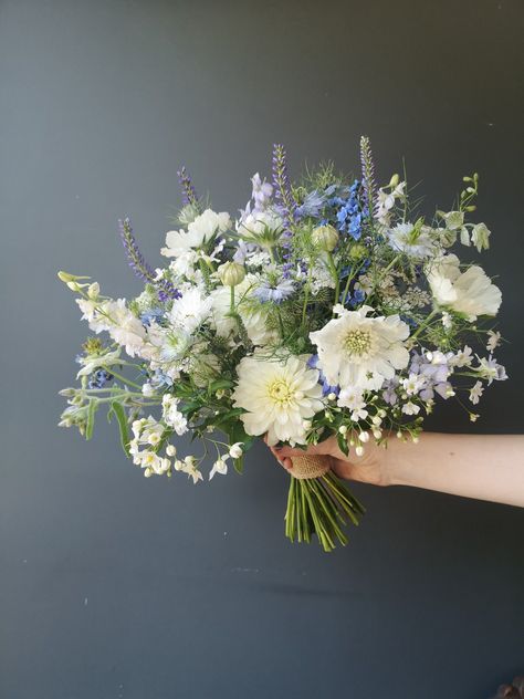 Wild Flower And Eucalyptus Bouquet, Light Colored Wedding Bouquet, Periwinkle Bridal Bouquet, Daisy And Larkspur Bouquet, Wedding Bouquet With Delphinium, Bluebells Flower Bouquet, Wedding Bouquet With Forget Me Not, Bluebell Flower Bouquet, Green And White Wildflower Bouquet