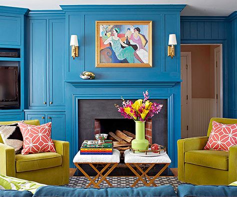 Dial up the drama with a wild shade of blue on your walls. Unique Paint Colors, Simple Fireplace, Family Room Colors, Dark Blue Walls, Teal Walls, Blue Paint Colors, Bedroom Color Schemes, Blue Color Schemes, Blue Living Room