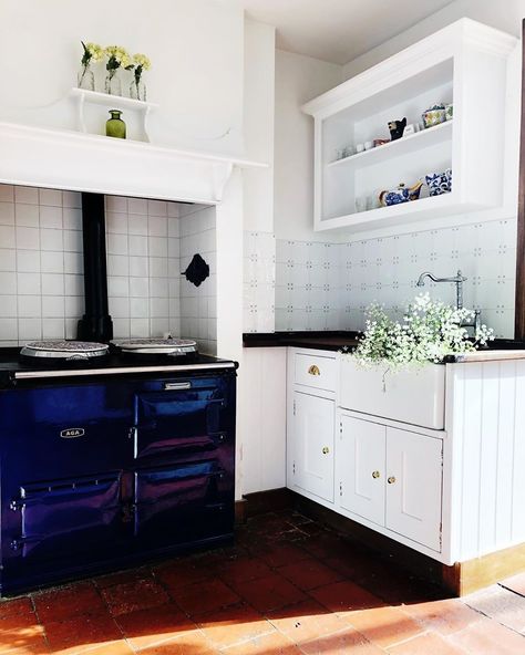 AGA Rayburn Australia shared a post on Instagram: “What a fresh and bright space! 😍 Featuring a gorgeous AGA cooker in the colour Dark Blue, it's…” • Follow their account to see 812 posts. Blue Aga, Aga Oven, Aga Kitchen, Dark Blue Tile, Aga Range Cooker, Cast Iron Oven, Georgian Homes, Old Kitchen, Blue Tiles