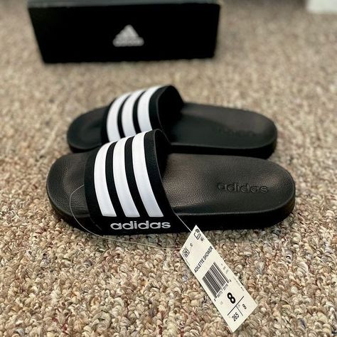 Addidas Sandals, Addidas Slippers, Black Adidas Slides, Adidas Sliders, Adidas Slides Outfit, Pink And White Adidas, Adidas Flip Flops, Adidas Slippers, Slides Nike