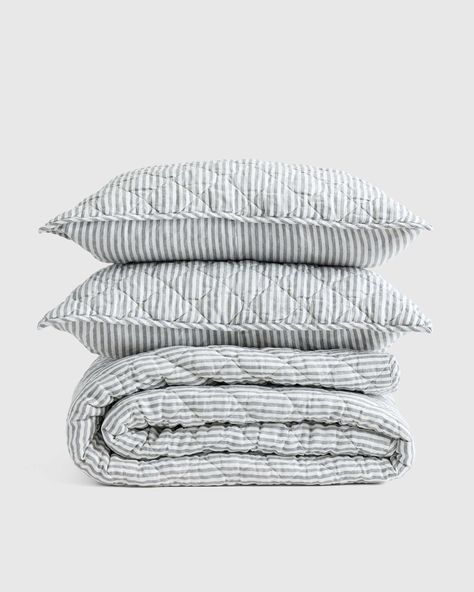 European Linen Striped Quilt Set Older Boys Room, New Home Interior Design, Apartment Furniture Ideas, Coastal Apartment, Eco Friendly Bedding, Rv Remodeling, Pillow Crafts, Striped Quilt, Grey Quilt