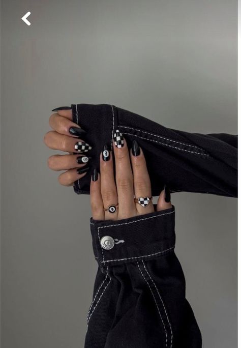 Black And White Checkered Nails Acrylic, Trendy Nail Art Square, Black And White Nail Aesthetic, Black And White Edgy Nails, Mya Benway Nails, Checker French Tip Nails, Black Rock Concert Nails, Black Rock Nails, Black And White Funky Nails