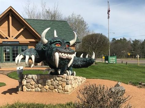 The Hodag – Rhinelander, Wisconsin - Atlas Obscura Rhinelander Wisconsin, White Bulldog, Wisconsin Camping, Wisconsin Travel, Great River, Smithsonian Institution, Road Trip Fun, Weird Creatures, Road Trip Itinerary