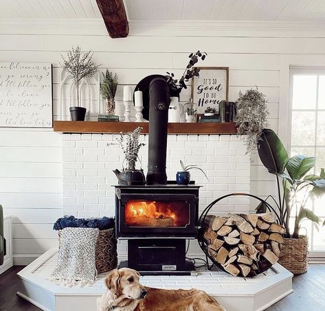 Wood Stove Center Of Wall, Wood Stove Modern Farmhouse, Woodstoves For Small Spaces, How To Decorate Around A Pellet Stove, Pedestal Wood Burning Stove, Wood Stove Farmhouse Style, Wood Burning Stove Remodel, White Brick Wood Stove, Wood Burning Stove Accessories