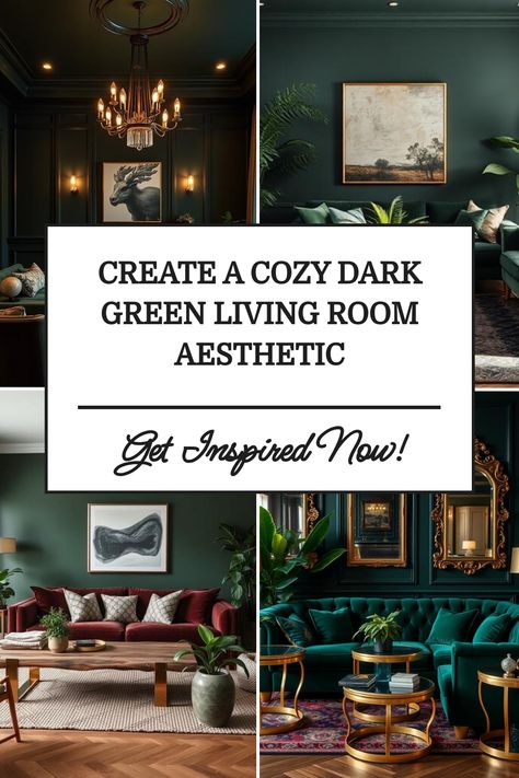 Dark green living room decor inspiration with cozy furniture and elegant accents. Emerald Green Moody Living Room, Green Victorian Living Room Ideas, Emerald Green Sofa Black Wall, Dark Green Family Room Ideas, Dark Emerald Green Living Room, Hunter Green Curtains Living Room, Navy Blue And Dark Green Living Room, Green Couch Black Rug, Emerald Green Built Ins