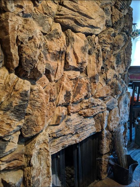 Wood Mantels On Stone Fireplace, Limewash Rock Fireplace, Old Stone Fireplace Makeover, Stone Fireplace With Wood Mantle, Diy Fireplace Mantle, Rustic Stone Fireplace, Wood Mantle Fireplace, River Rock Fireplaces, Rock Fireplace