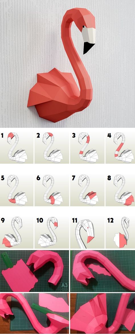 DIY 3D Flamingo – Step by Step - Design Peak Printable Origami Instructions, Paper Flower Projects, Origami Pencil Holder, Paper Flamingo, Paper Mask Diy, Diy Flamingo, Flower Wall Decoration, Origami Turtle, Flamingo Wedding