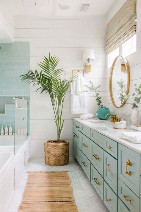 Modern Beach Cottage Bathroom, Mint And White Bathroom, Bright Master Bath Ideas, Coastal Aesthetic Bathroom, Boho Beach Bathroom Ideas, Beachy Modern Bathroom, Italian Coast Aesthetic Decor, Coastal Bathroom Remodel Ideas, White Bathroom With Colorful Accents