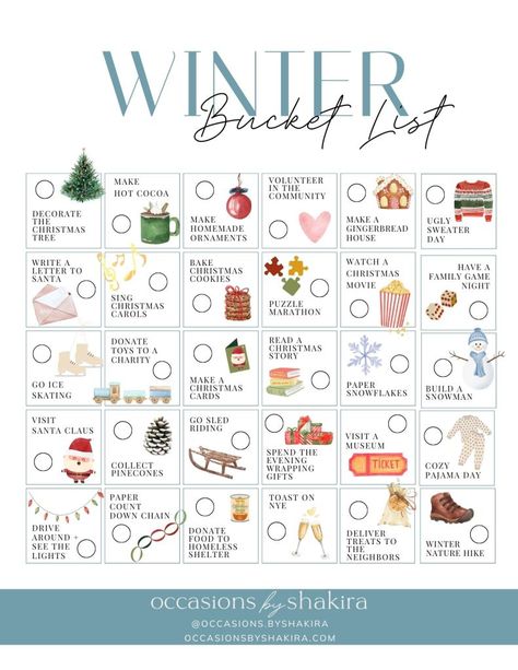 Winter Bucket List Aesthetic, January Bucket List, December Bucket List, Christmas Bucket List Printable, Calm Soul, Winter Dates, Winter Checklist, Christmas Checklist, Year Challenge